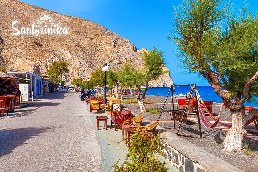 The promenade along Perissa Beach, Santorini, Greece
