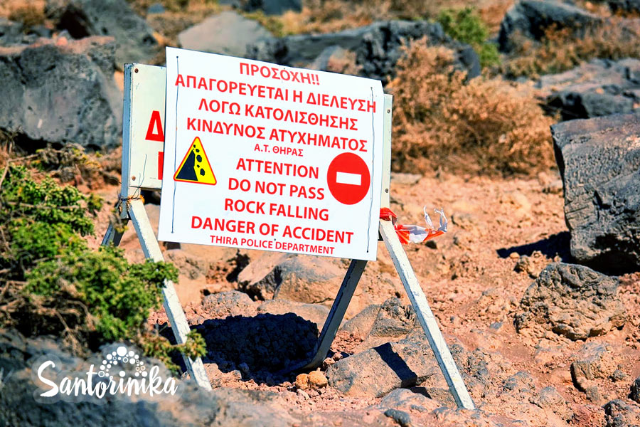 Red beach: rockfall warning, Santorini, Greece
