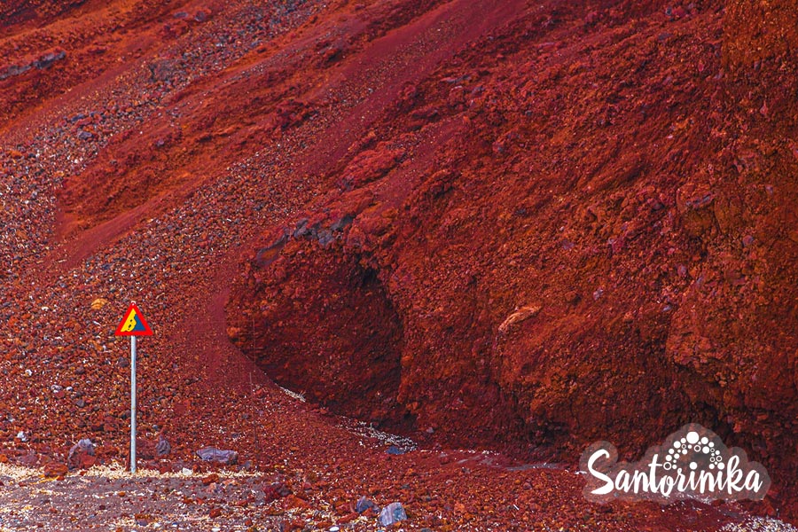 Warning signs on Red Beach, Santorini, Greece