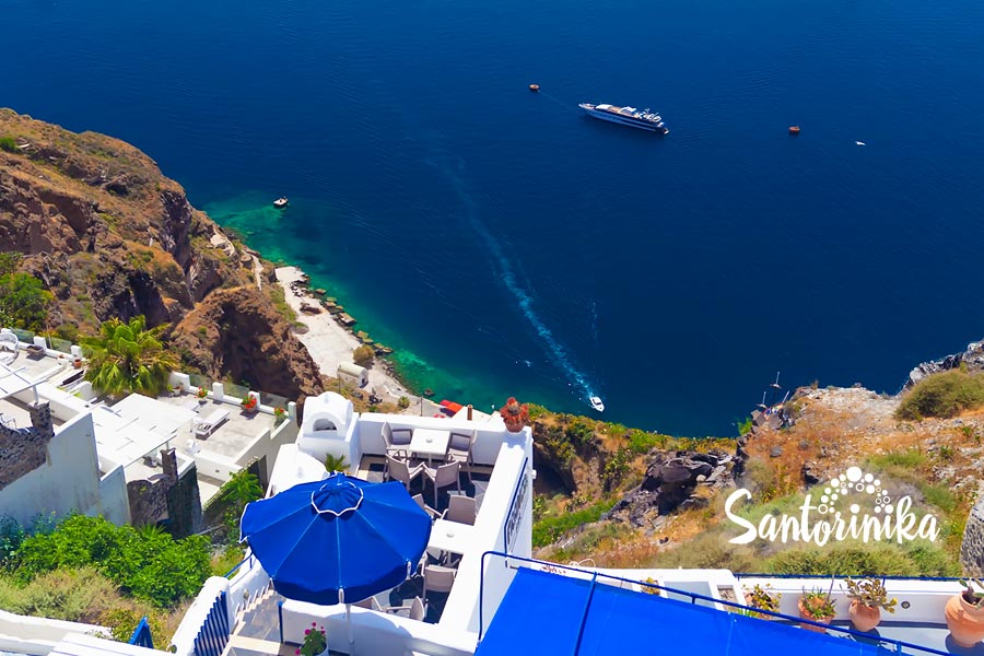 View of the volcano caldera and cruise ships from the top, Thira town, Santorini, Greece