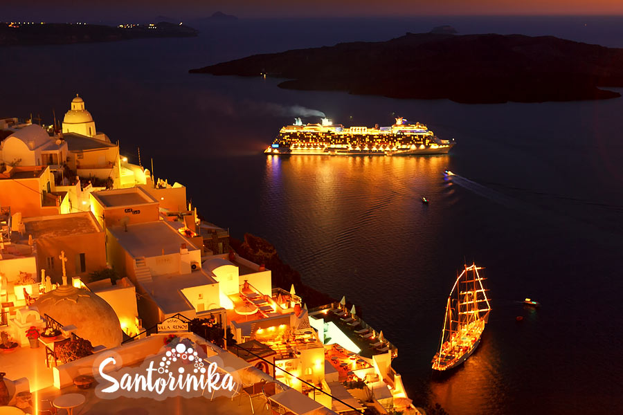After sunset in Thira, Santorini, Greece