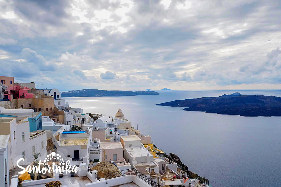 Winter in Santorini: a view of the volcano caldera at noon